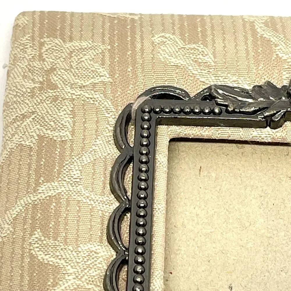 Vintage Russ Berrie 5x7 Fabric Pewter Floral Photo Frame with Tag-Tabletop